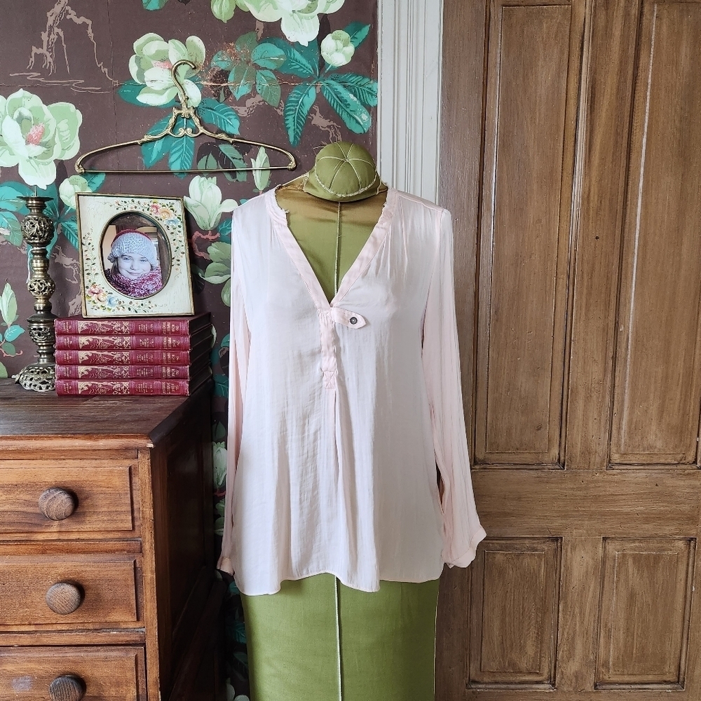 Dolan Left Coast Blouse Small Pink Sheer Sleeve Boho Flowy V Neck Made USA